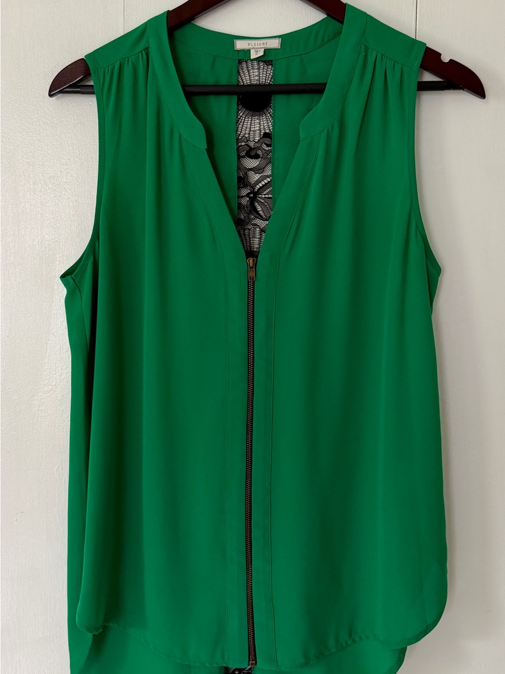 Pleione Emerald Green Lace Back Gold Zip Blouse Size M